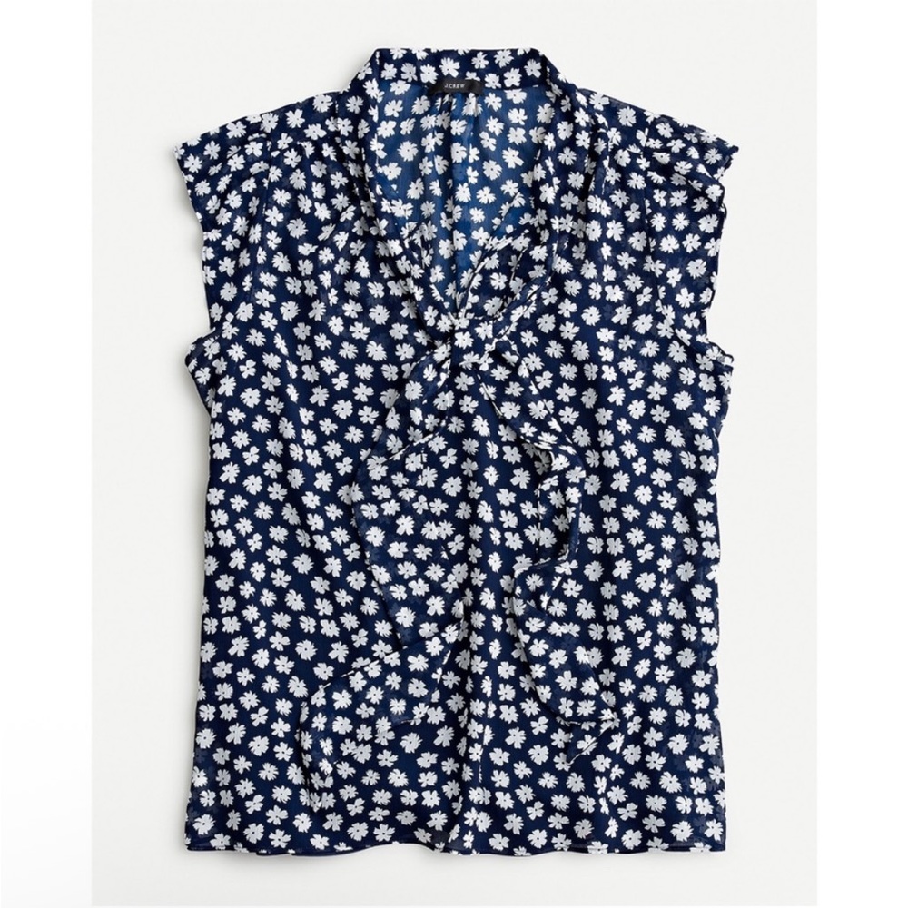 J. Crew Blue Ruffled Sleeveless Blouse with Mandarin Collar